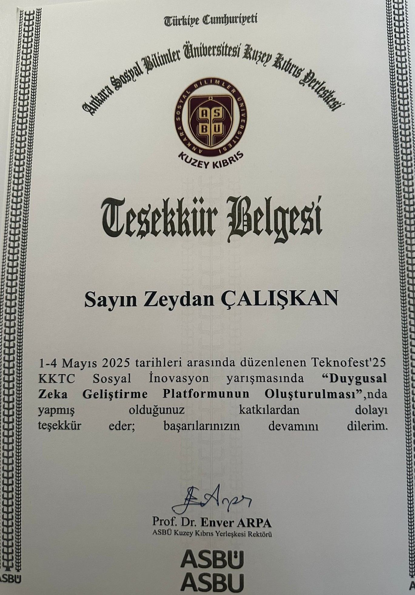 Teşekkür Belgesi - Zeydan Çalışkan